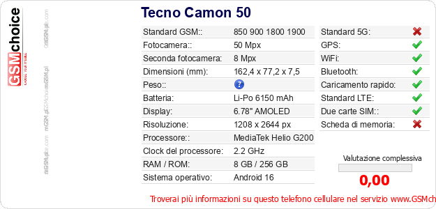 Tecno Camon 50 Dati tecnici di telefono cellulare 