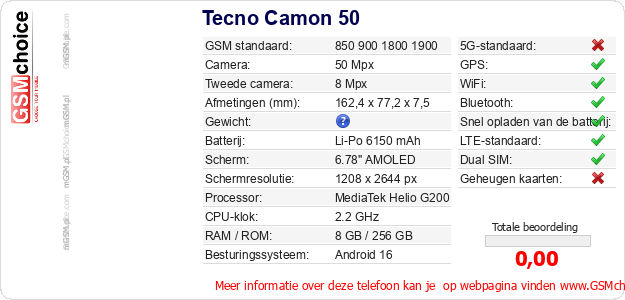 Tecno Camon 50 Technische gegevens 