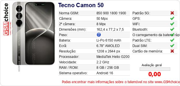 Tecno Camon 50 Especificações técnicas do telemóvel 