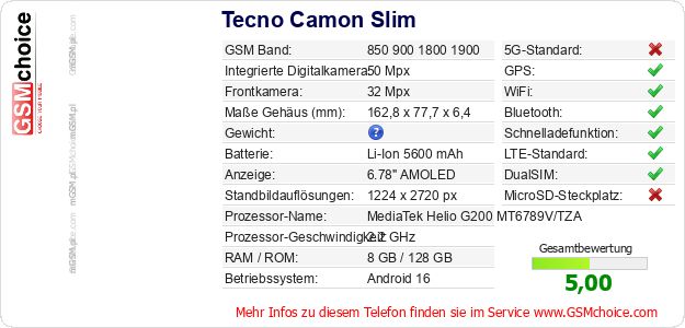 Tecno Camon Slim technische Daten Tecno Camon Slim technische Daten