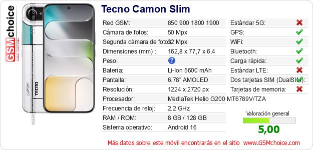 Tecno Camon Slim Datos técnicos del móvil Tecno Camon Slim Datos técnicos del móvil