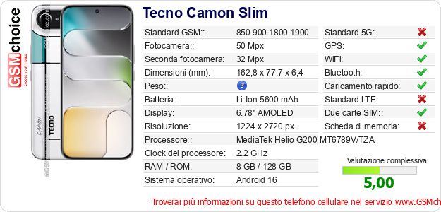 Tecno Camon Slim Dati tecnici di telefono cellulare Tecno Camon Slim Dati tecnici di telefono cellulare