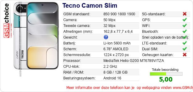 Tecno Camon Slim Technische gegevens Tecno Camon Slim Technische gegevens