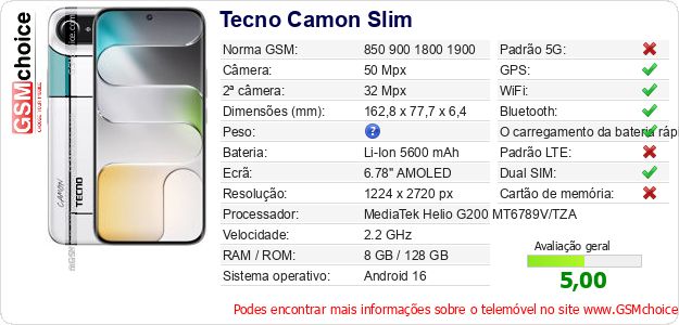 Tecno Camon Slim Especificações técnicas do telemóvel Tecno Camon Slim Especificações técnicas do telemóvel