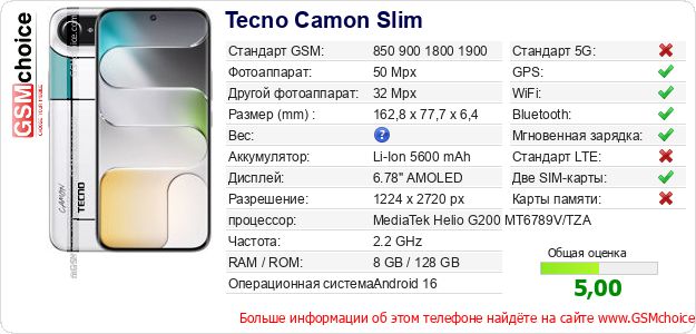 Tecno Camon Slim Технические данные телефона Tecno Camon Slim Технические данные телефона