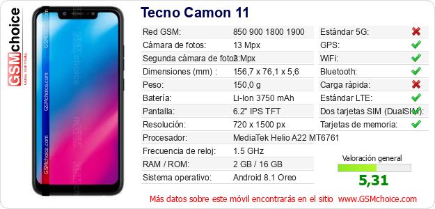 Tecno Camon 11 Datos técnicos del móvil Tecno Camon 11 Datos técnicos del móvil