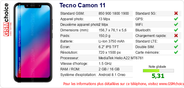 Tecno Camon 11 Fiche technique