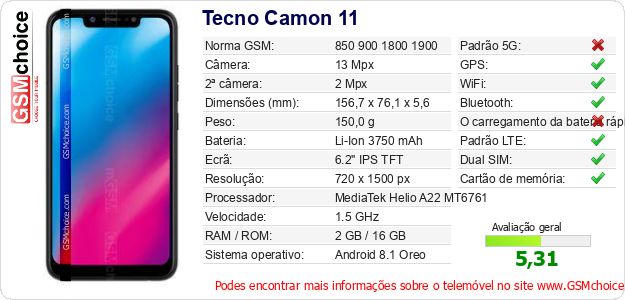 Tecno Camon 11 Especificações técnicas do telemóvel Tecno Camon 11 Especificações técnicas do telemóvel