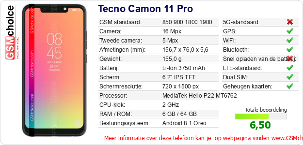 Tecno Camon 11 Pro Technische gegevens Tecno Camon 11 Pro Technische gegevens