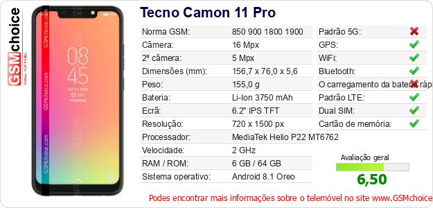 Tecno Camon 11 Pro Especificações técnicas do telemóvel Tecno Camon 11 Pro Especificações técnicas do telemóvel