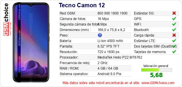 Tecno Camon 12 Datos técnicos del móvil Tecno Camon 12 Datos técnicos del móvil