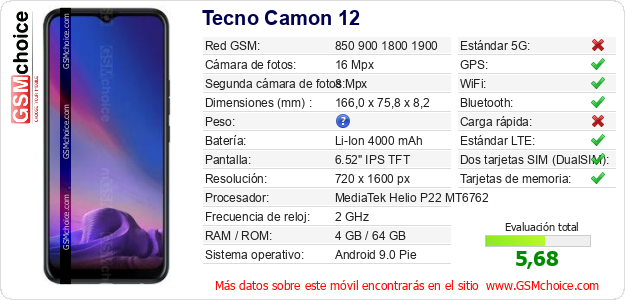Tecno Camon 12 Datos técnicos del móvil Tecno Camon 12 Datos técnicos del móvil