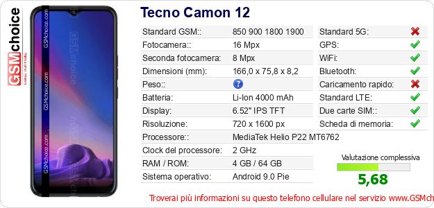 Tecno Camon 12 Dati tecnici di telefono cellulare Tecno Camon 12 Dati tecnici di telefono cellulare
