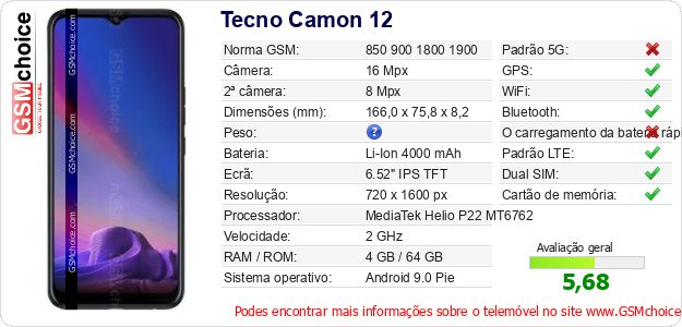 Tecno Camon 12 Especificações técnicas do telemóvel 