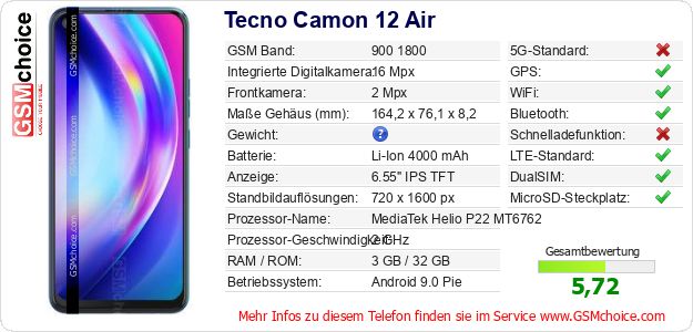 Tecno Camon 12 Air technische Daten Tecno Camon 12 Air technische Daten
