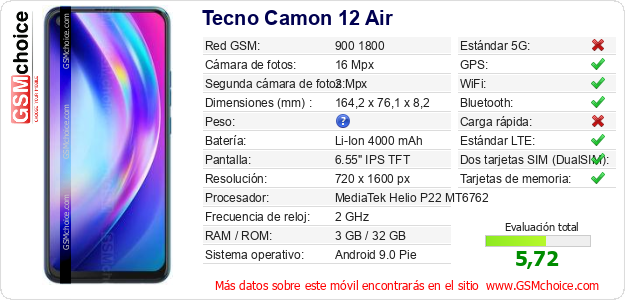 Tecno Camon 12 Air Datos técnicos del móvil Tecno Camon 12 Air Datos técnicos del móvil