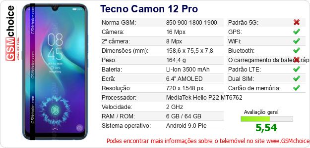 Tecno Camon 12 Pro Especificações técnicas do telemóvel 