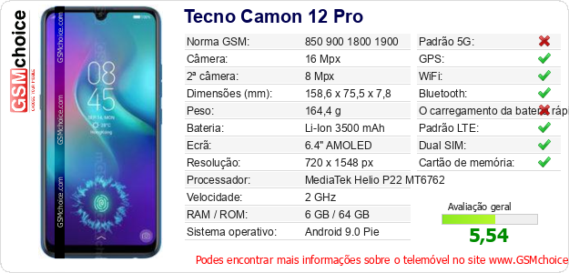 Tecno Camon 12 Pro Especificações técnicas do telemóvel Tecno Camon 12 Pro Especificações técnicas do telemóvel