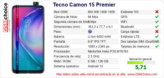 Tecno Camon 15 Premier Datos técnicos del móvil 