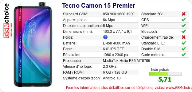Tecno Camon 15 Premier Fiche technique Tecno Camon 15 Premier Fiche technique