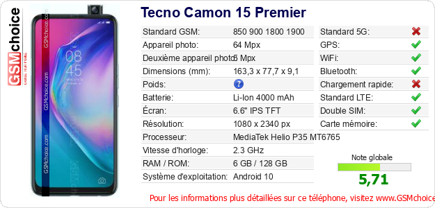 Tecno Camon 15 Premier Fiche technique Tecno Camon 15 Premier Fiche technique
