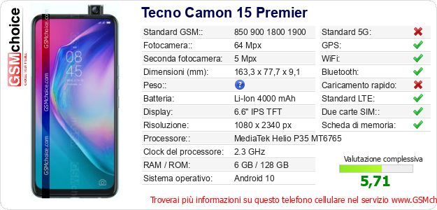Tecno Camon 15 Premier Dati tecnici di telefono cellulare Tecno Camon 15 Premier Dati tecnici di telefono cellulare