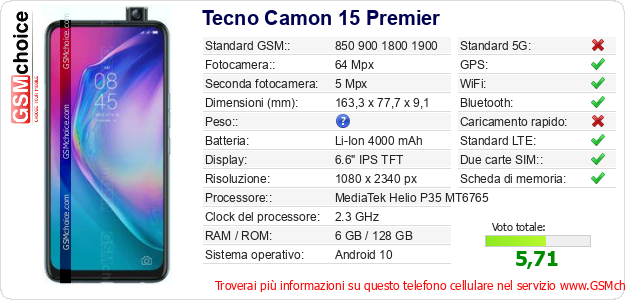 Tecno Camon 15 Premier Dati tecnici di telefono cellulare Tecno Camon 15 Premier Dati tecnici di telefono cellulare