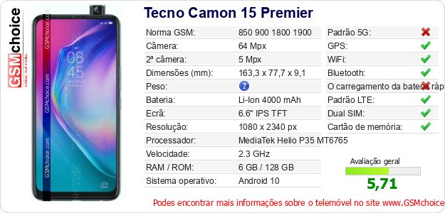 Tecno Camon 15 Premier Especificações técnicas do telemóvel Tecno Camon 15 Premier Especificações técnicas do telemóvel