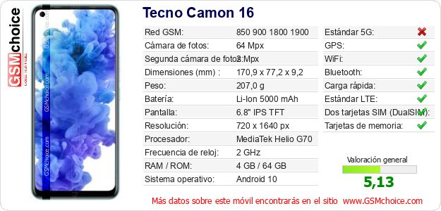 Tecno Camon 16 Datos técnicos del móvil Tecno Camon 16 Datos técnicos del móvil