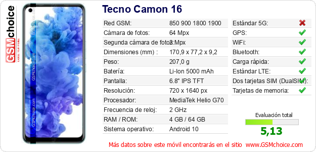 Tecno Camon 16 Datos técnicos del móvil Tecno Camon 16 Datos técnicos del móvil