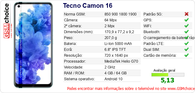 Tecno Camon 16 Especificações técnicas do telemóvel Tecno Camon 16 Especificações técnicas do telemóvel