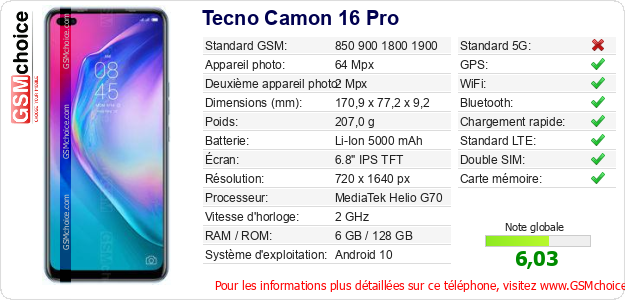 Tecno Camon 16 Pro Fiche technique Tecno Camon 16 Pro Fiche technique