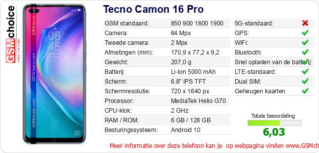 Tecno Camon 16 Pro Technische gegevens 