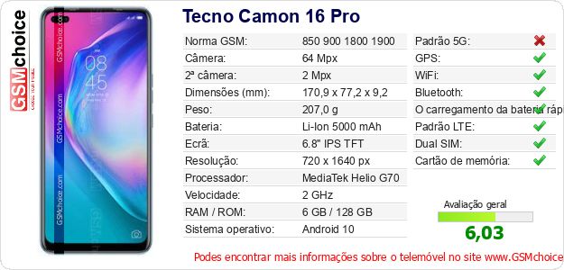 Tecno Camon 16 Pro Especificações técnicas do telemóvel 