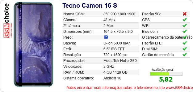 Tecno Camon 16 S Especificações técnicas do telemóvel 