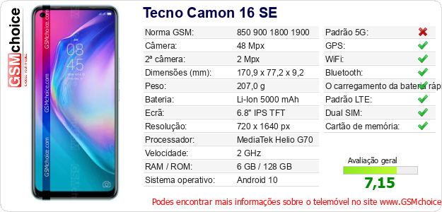 Tecno Camon 16 SE Especificações técnicas do telemóvel 
