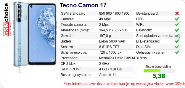 Tecno Camon 17 Technische gegevens Tecno Camon 17 Technische gegevens