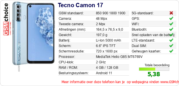 Tecno Camon 17 Technische gegevens 