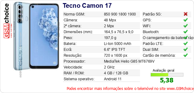 Tecno Camon 17 Especificações técnicas do telemóvel 