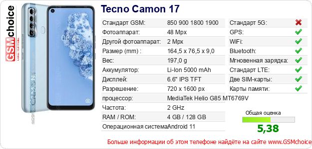 Tecno Camon 17 Технические данные телефона Tecno Camon 17 Технические данные телефона