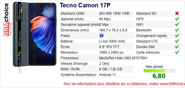 Tecno Camon 17P Fiche technique Tecno Camon 17P Fiche technique