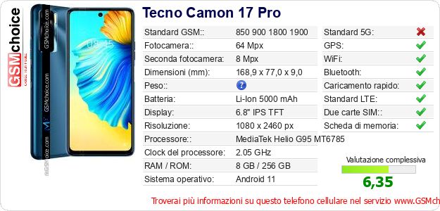 Tecno Camon 17 Pro Dati tecnici di telefono cellulare Tecno Camon 17 Pro Dati tecnici di telefono cellulare