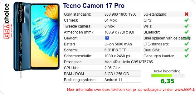 Tecno Camon 17 Pro Technische gegevens Tecno Camon 17 Pro Technische gegevens