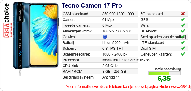 Tecno Camon 17 Pro Technische gegevens Tecno Camon 17 Pro Technische gegevens