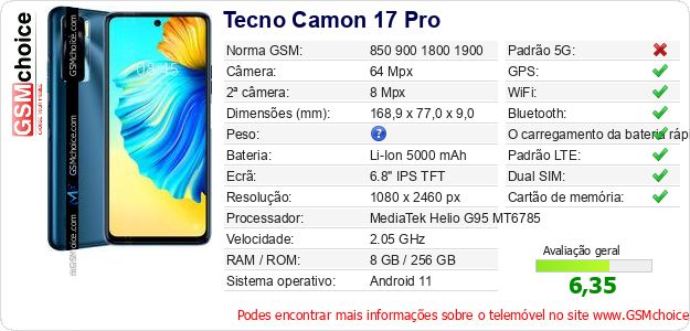 Tecno Camon 17 Pro Especificações técnicas do telemóvel 