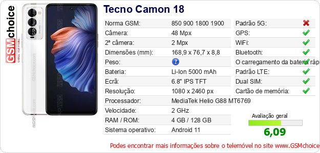Tecno Camon 18 Especificações técnicas do telemóvel 