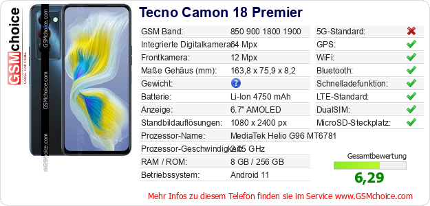 Tecno Camon 18 Premier technische Daten Tecno Camon 18 Premier technische Daten