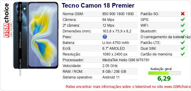 Tecno Camon 18 Premier Especificações técnicas do telemóvel 