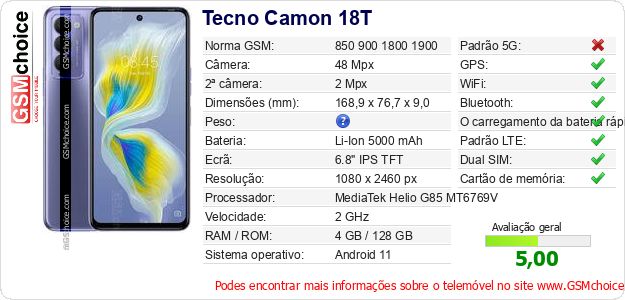Tecno Camon 18T Especificações técnicas do telemóvel Tecno Camon 18T Especificações técnicas do telemóvel