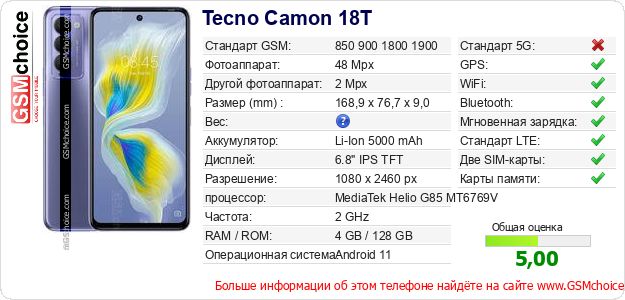 Tecno Camon 18T Технические данные телефона Tecno Camon 18T Технические данные телефона